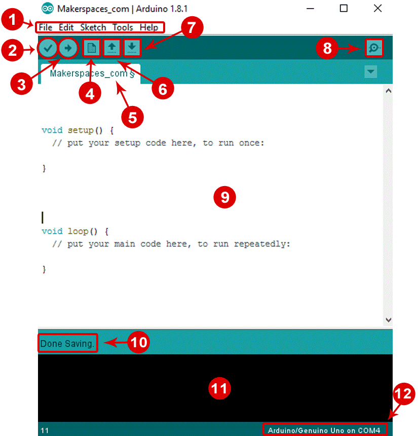 Alt Text: Labeled picture of the Arduino IDE