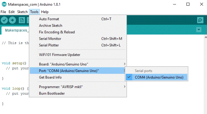 Alt Text: Screenshot of Arduino IDE showing how to select the COMM port