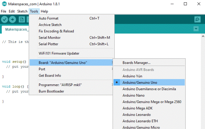 Alt Text: Screenshot of Arduino IDE showing how to select our board type