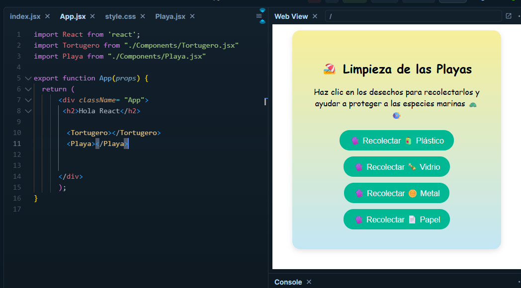 Playa component rendered in the app