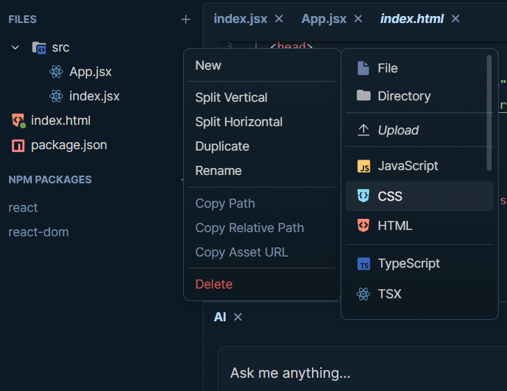 Creating a new style.css file in PlayCode