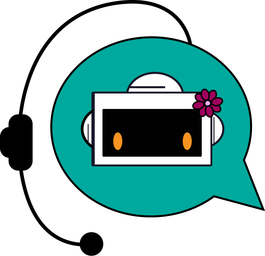 A teal speech bubble containing a simplified robot face with a rectangular screen showing two orange oval eyes, decorated with a small purple flower, surrounded by a white headset with circular earpieces