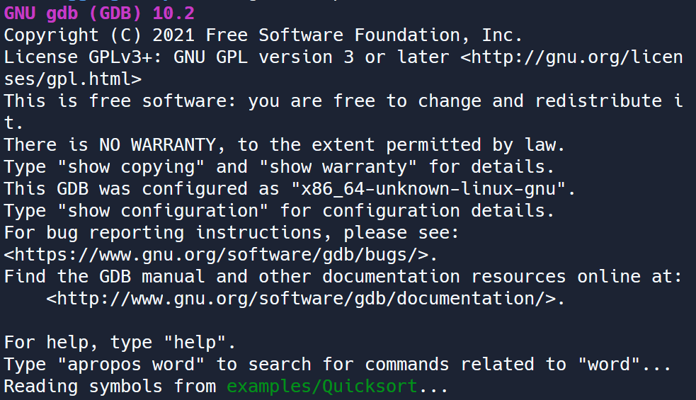 Running GDB on ‘Quicksort’ file.