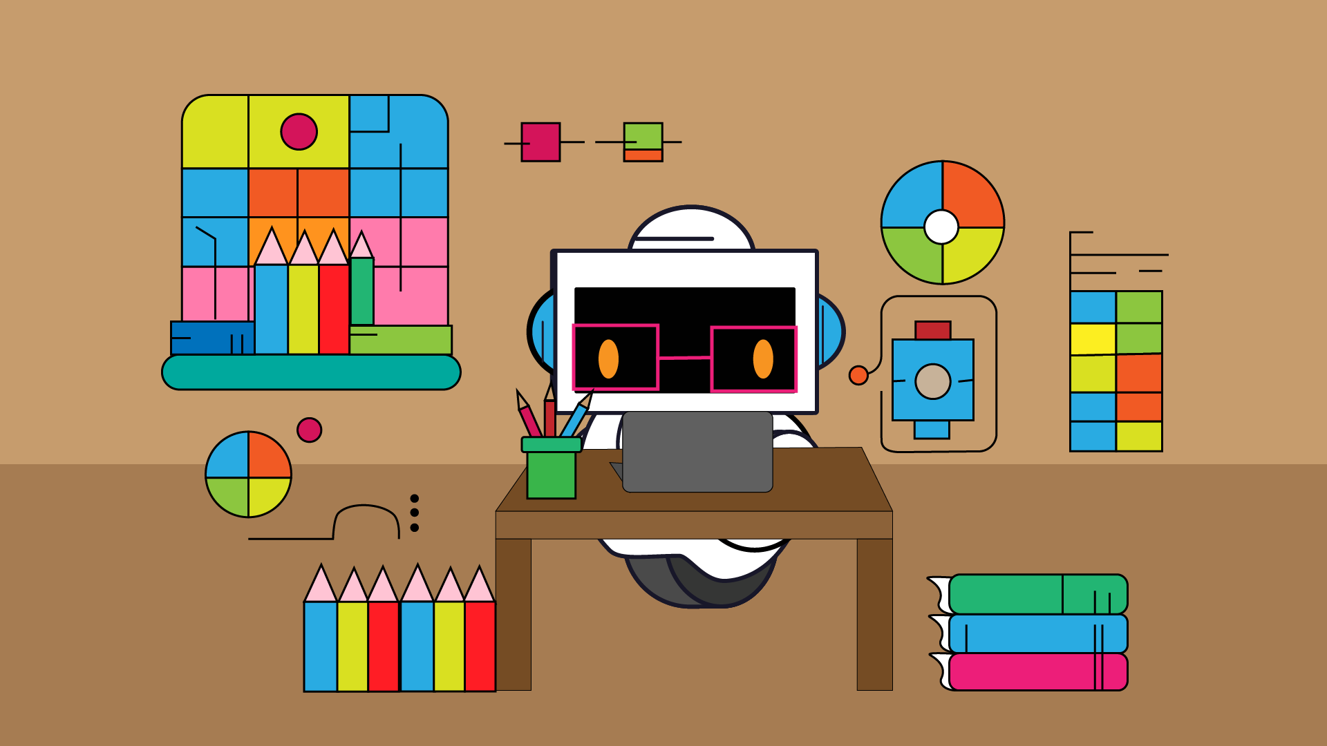 Ilustración de un chatbot amigable dando la bienvenida al taller