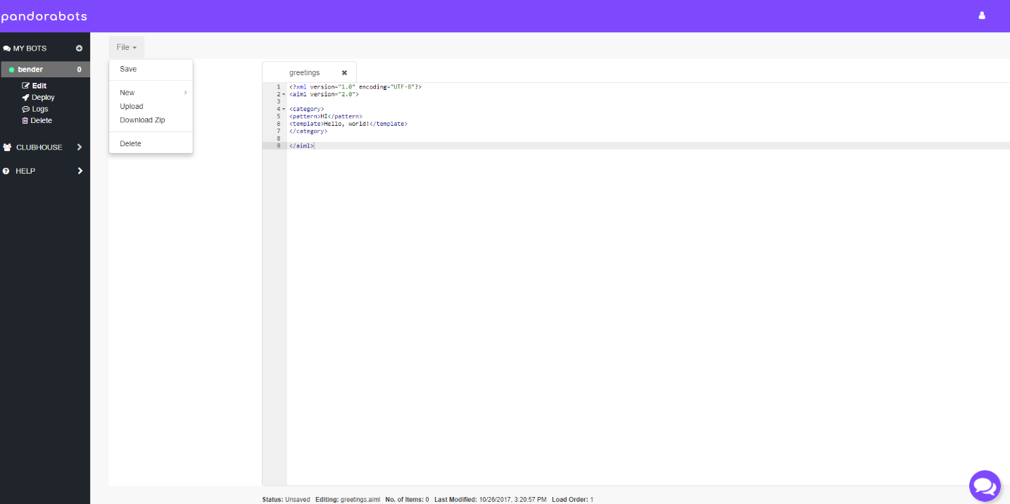 añadiendo un archivo nuevo en pandorabots