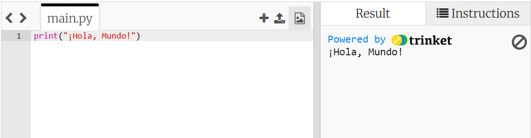 Captura de pantalla de Trinket mostrando print("¡Hola, Mundo!") en el archivo main.py y el resultado en la consola a la derecha