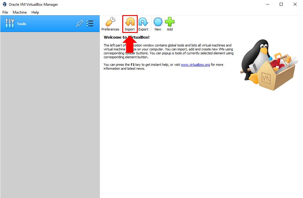 virtual box import button