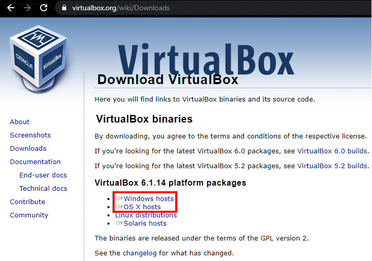 virtual box download page
