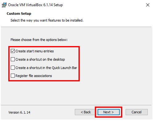 virtual box install options