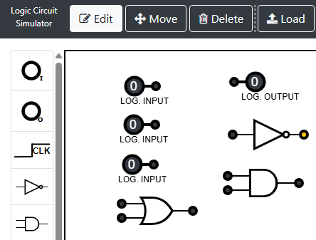 Visual example of the combined AND, OR, NOT circuit with three inputs and one output
