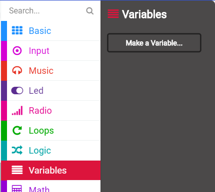MakeCode menu showing the Variables section selected