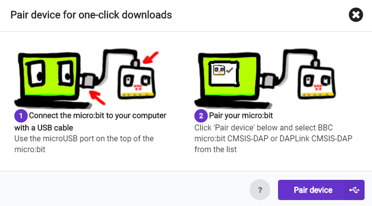 The pop out window instructing users to connect their micro:bit and pair the device