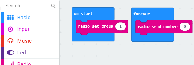 MakeCode workspace showing the “radio send number” block in the “forever” block