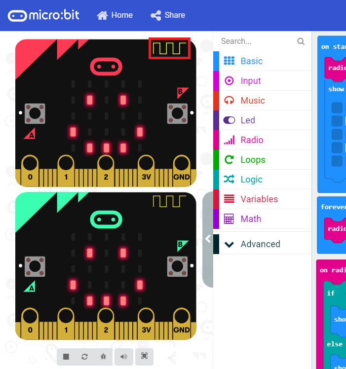 Image of simulated micro:bits with the radio highlighted