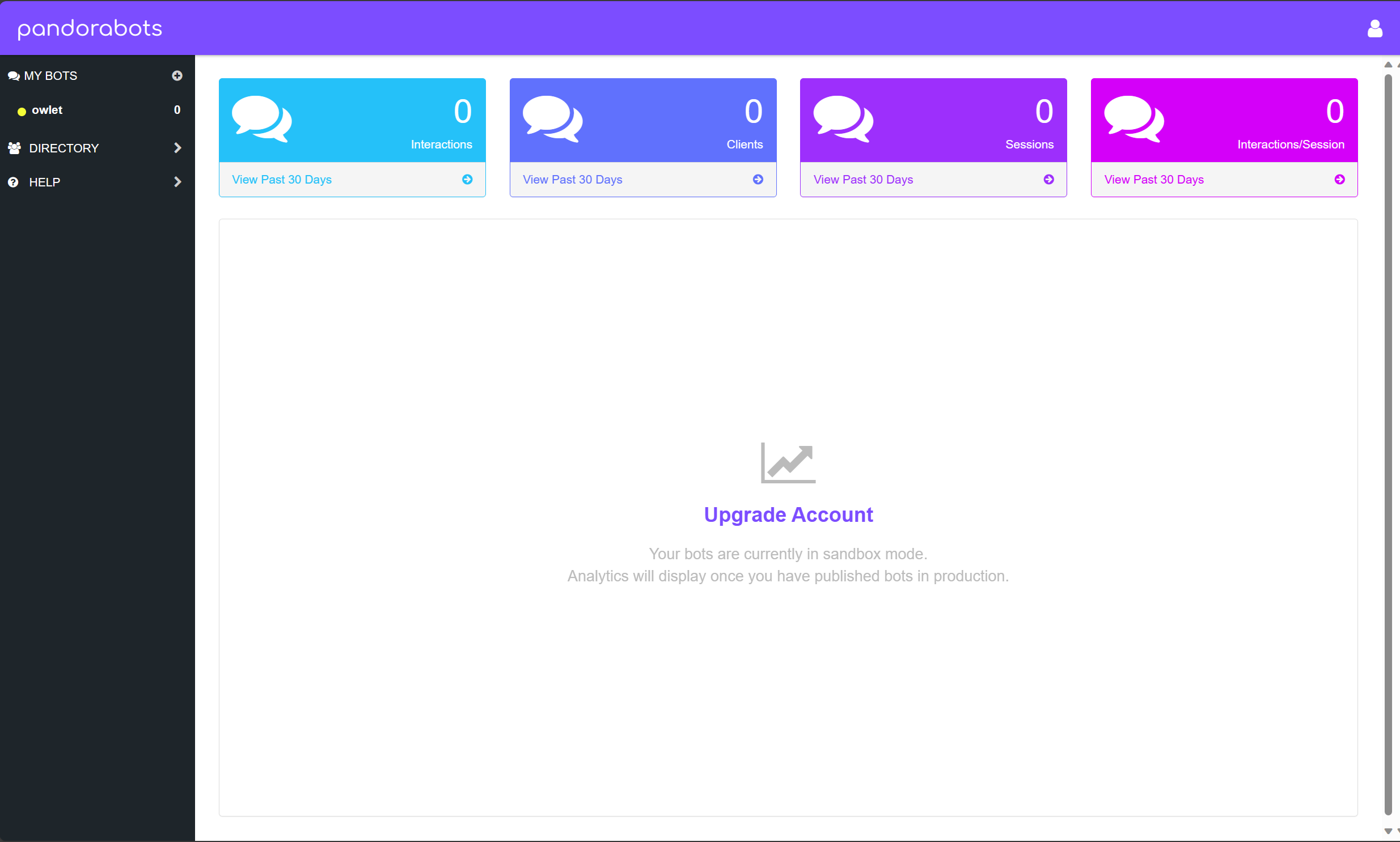página inicial de nova conta no pandorabots