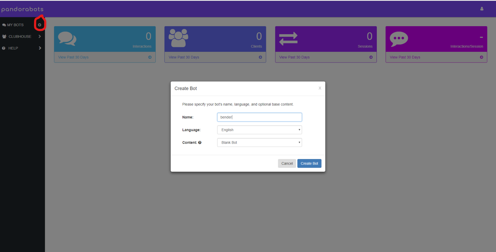 criando um novo bot no pandorabots