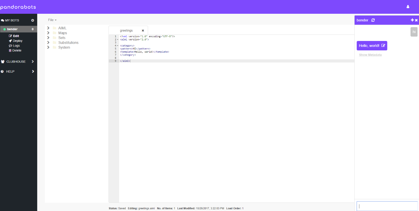 adicionando um novo arquivo no pandorabots