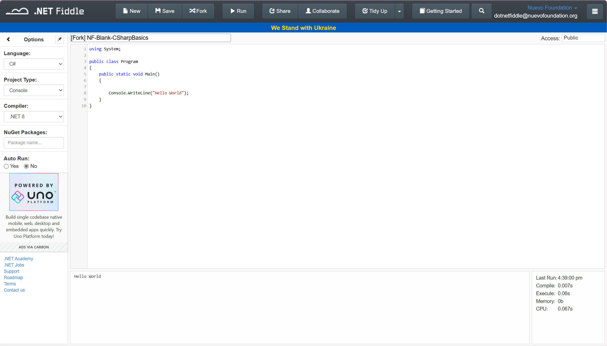 Layout da Janela do .NET Fiddle