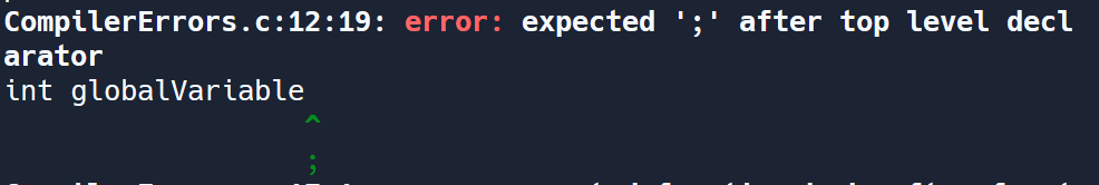 Uma captura de tela de um erro do compilador dizendo 'error: expected ';' after top level declarator' Erro 1: Ponto e vírgula faltando