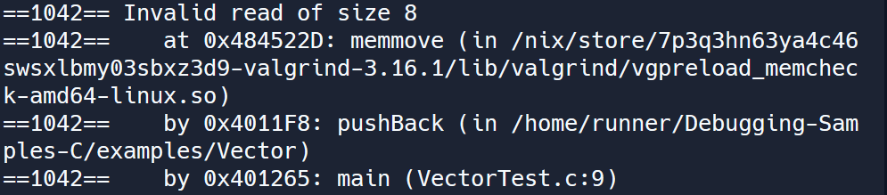 Captura de tela do erro no console com o texto 'Invalid read of size 8 at 0x484522D...' Erro Valgrind 1