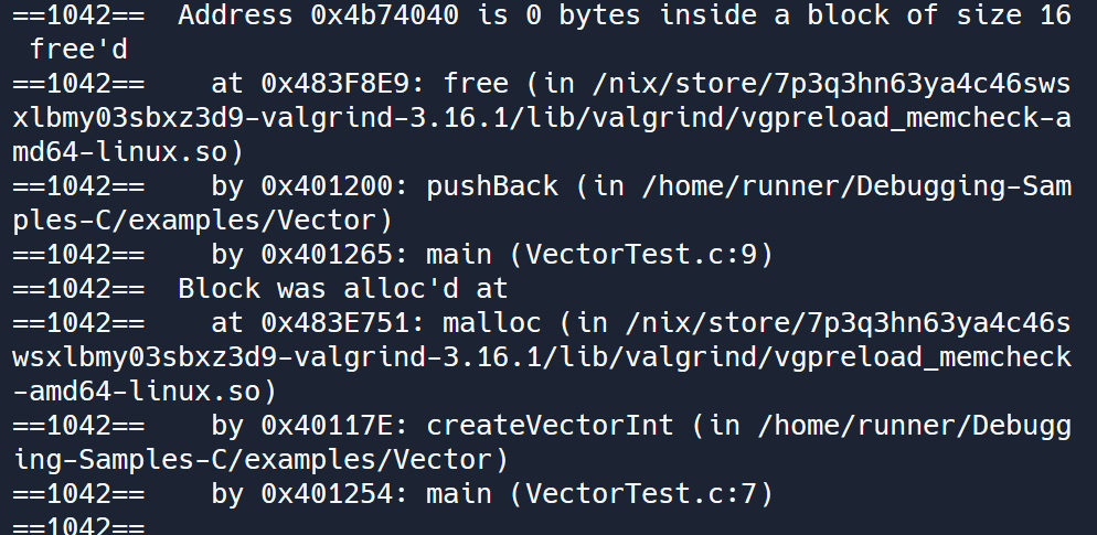 Captura de tela do erro no console com o texto 'Address 0x4b74040 is 0 bytes inside a block of size 16 free'd...' Erro Valgrind 2