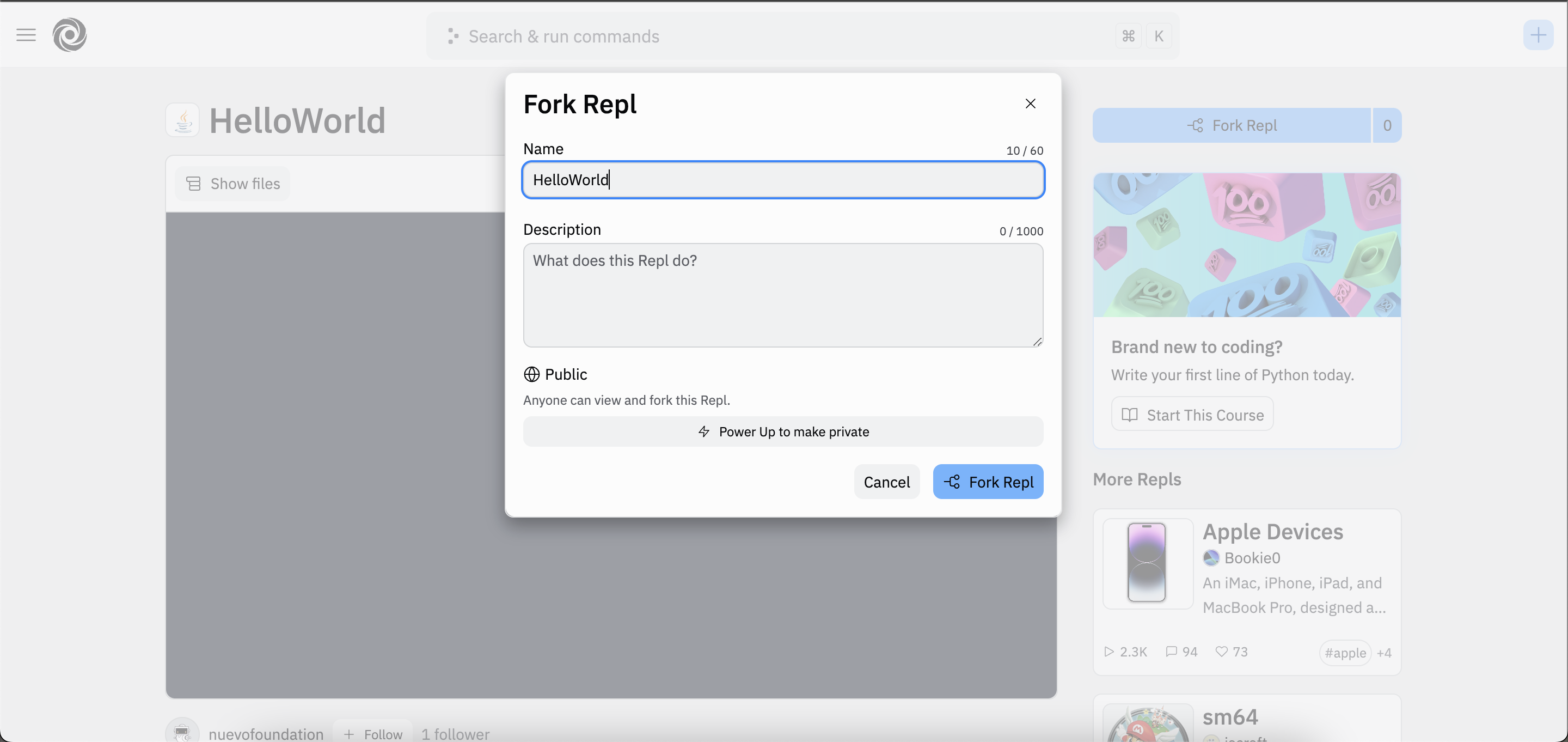 Fazendo a bifurcação (Fork) de um repl para copiar o programa
