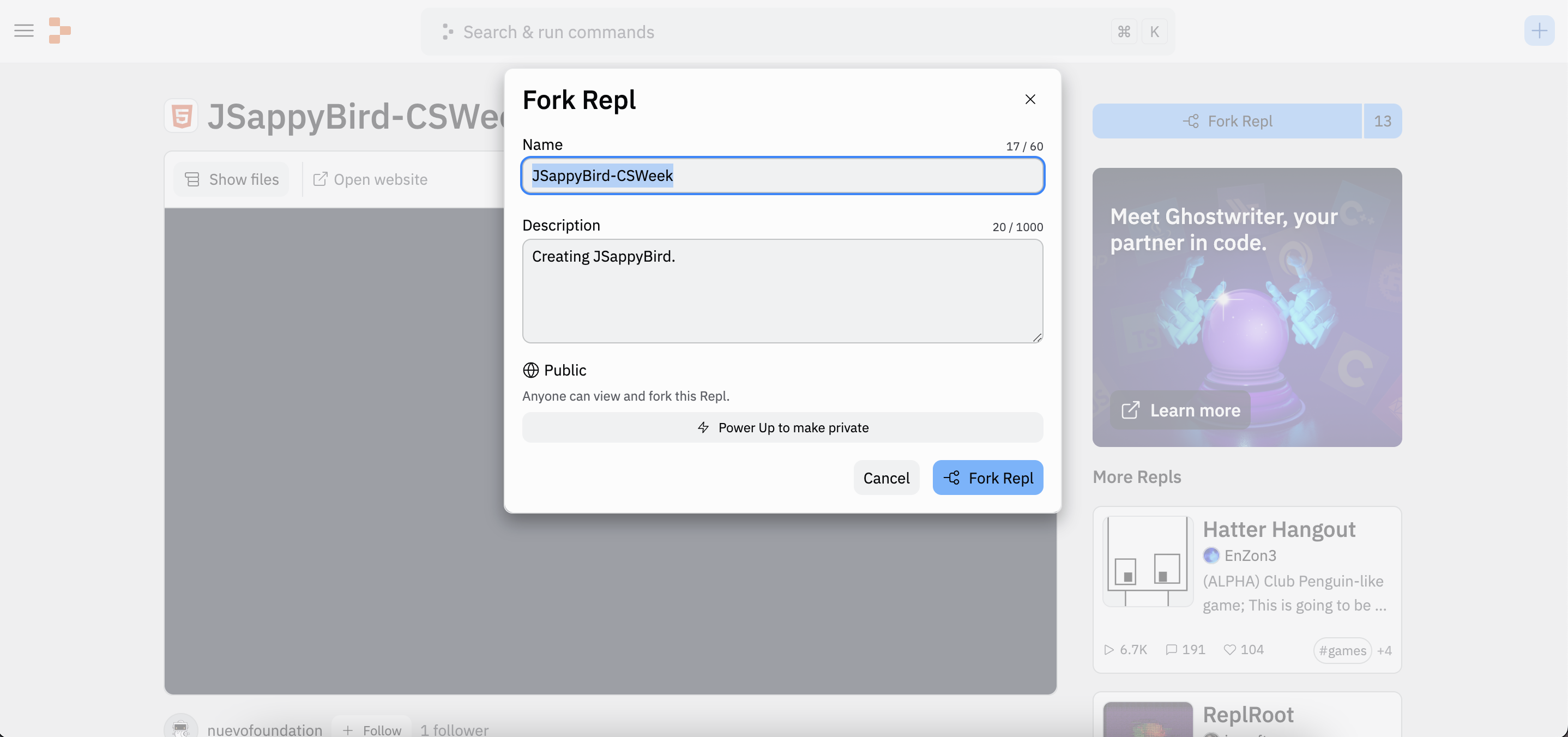 Fazendo o fork de um repl para fazer uma cópia do programa