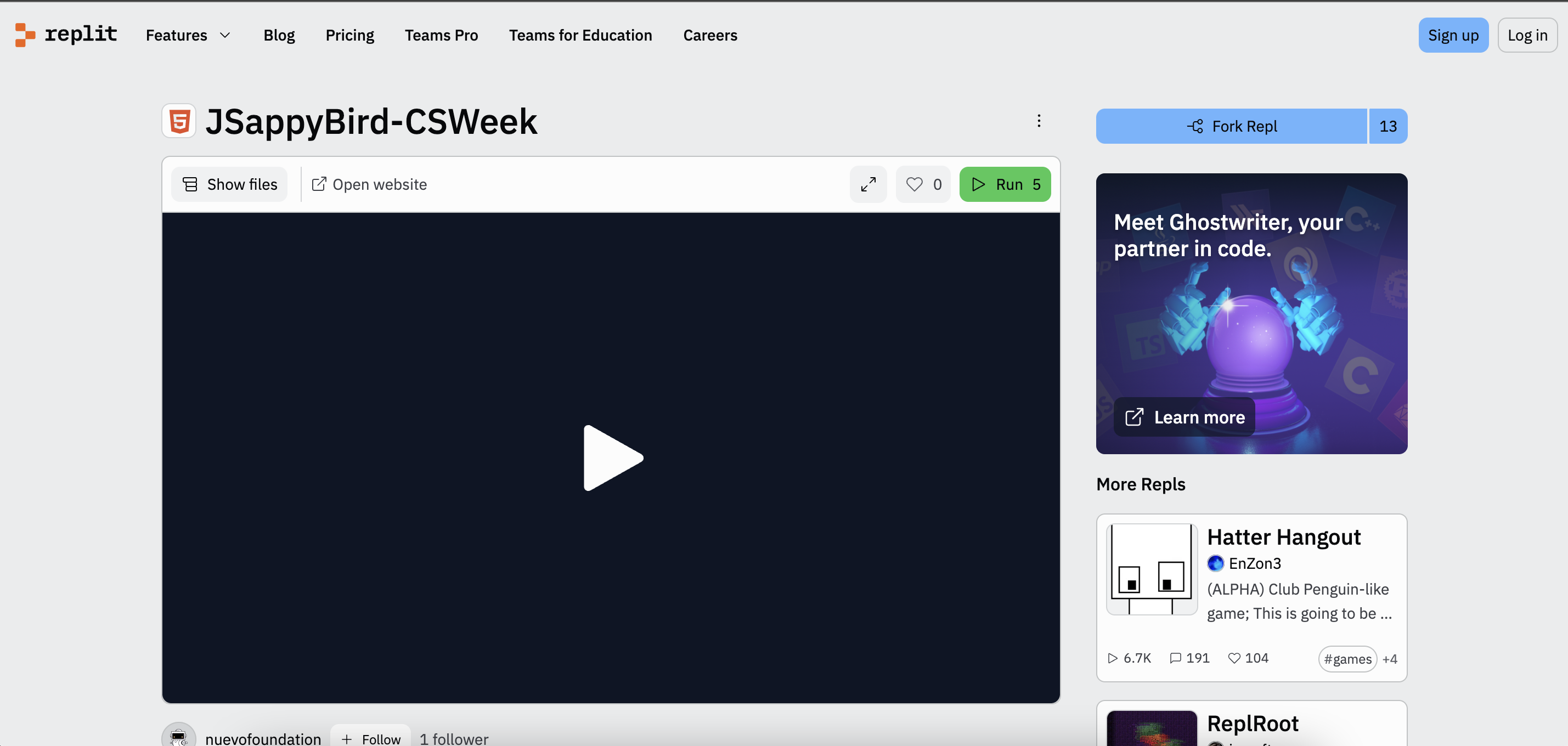 A tela inicial de um repl