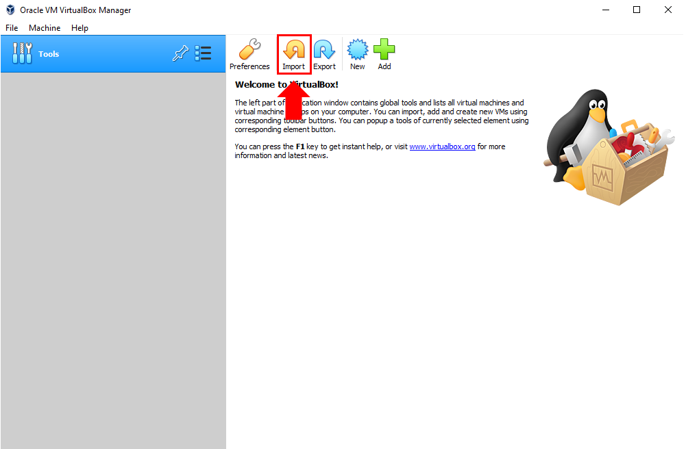 botão para importar uma imagem na virtual box