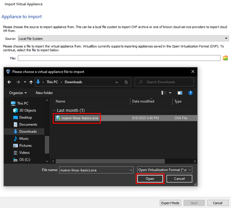 janela de carregamento de uma imagem para a virtual box