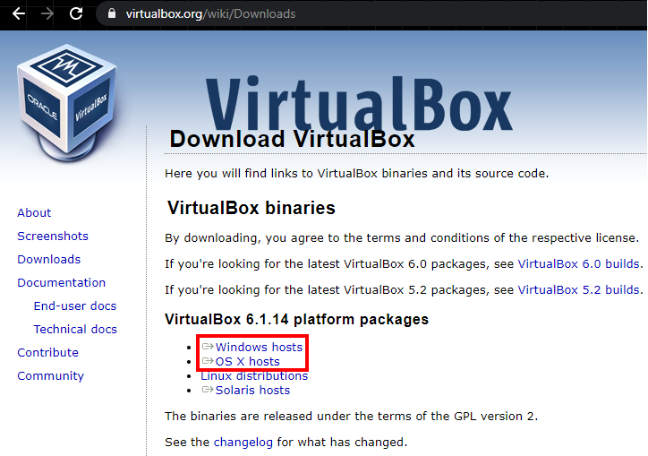 página de download da virtual box