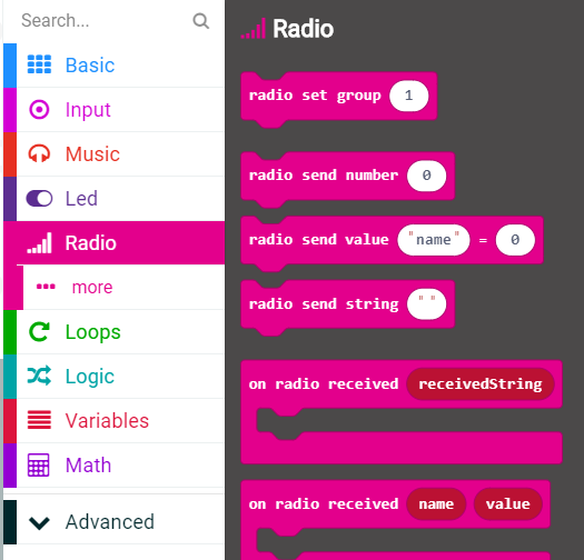 Menu do MakeCode mostrando a seção Rádio selecionada