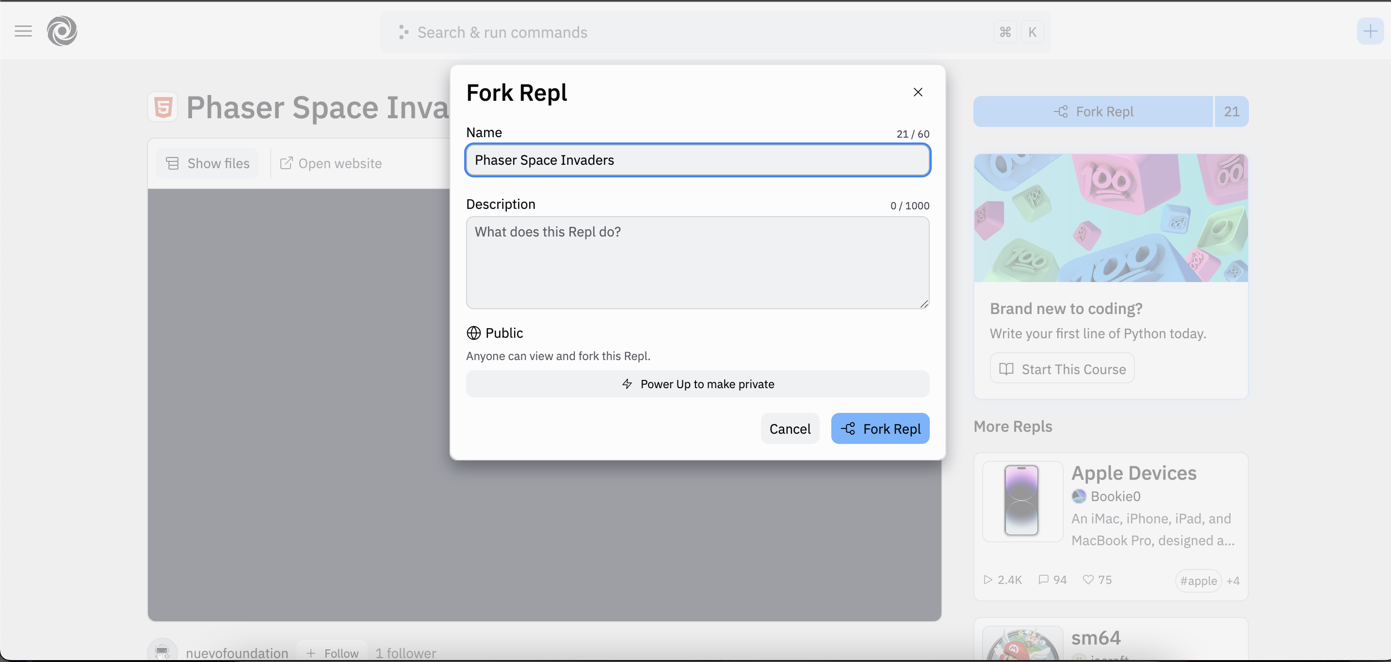 Fazendo fork de um repl para copiar o programa