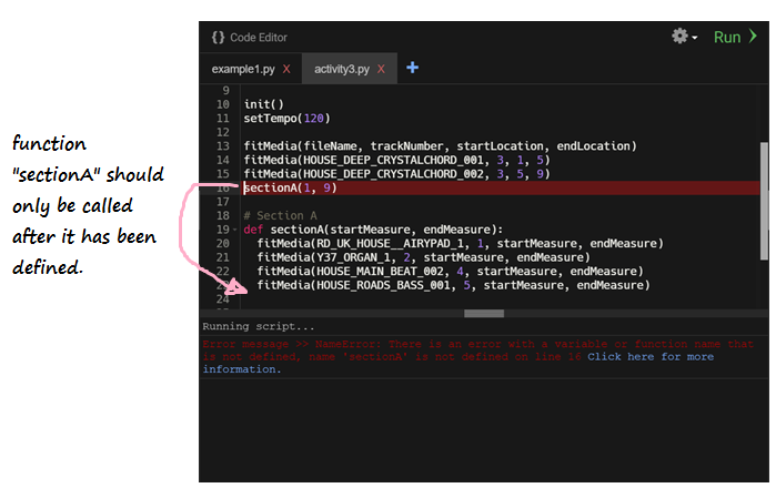 Exemplo mostrando a função chamada antes da definição do nome e do NameError de produção