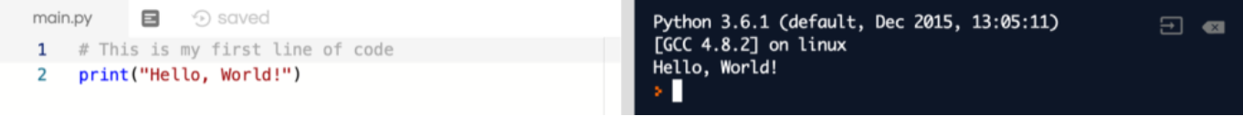 Captura de tela mostrando o comentário Esta é minha primeira linha de código.