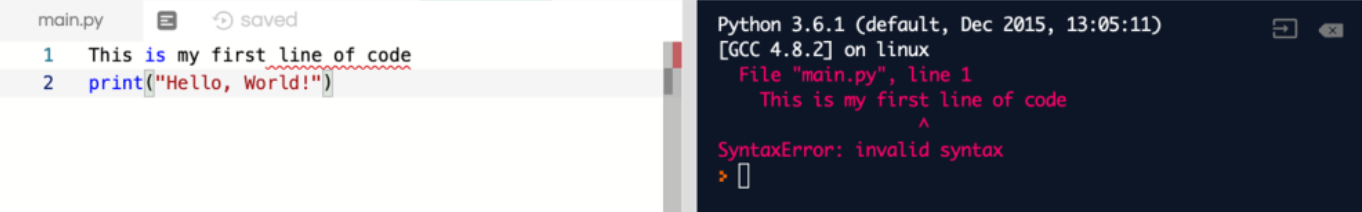 Captura de tela do código mostrando a remoção do # antes do comentário causando erro na execução do código