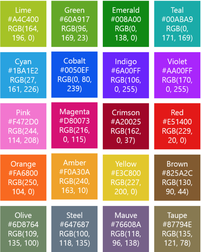 Tabela de cores RGB de exemplo