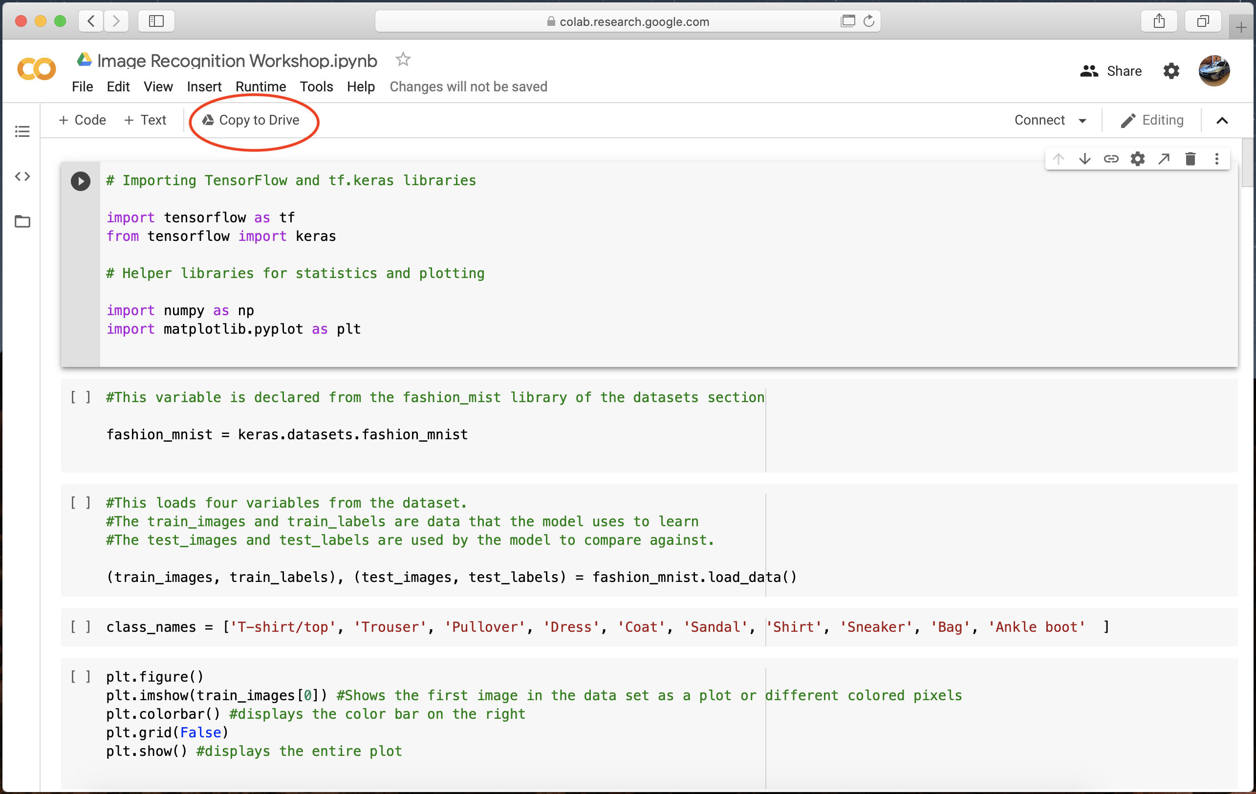 Captura de tela do Google Colab com botão &ldquo;Copy to Drive&rdquo;