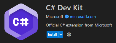 Captura de tela mostrando a extensão C# Dev Kit do Visual Studio Code publicada pela Microsoft.