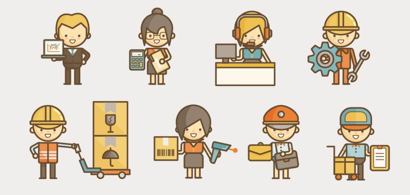 Imagem que mostra ícones de diferentes trabalhos, como fabricação, vendas e entrega, necessários para fazer funcionar uma cadeia de suprimentos