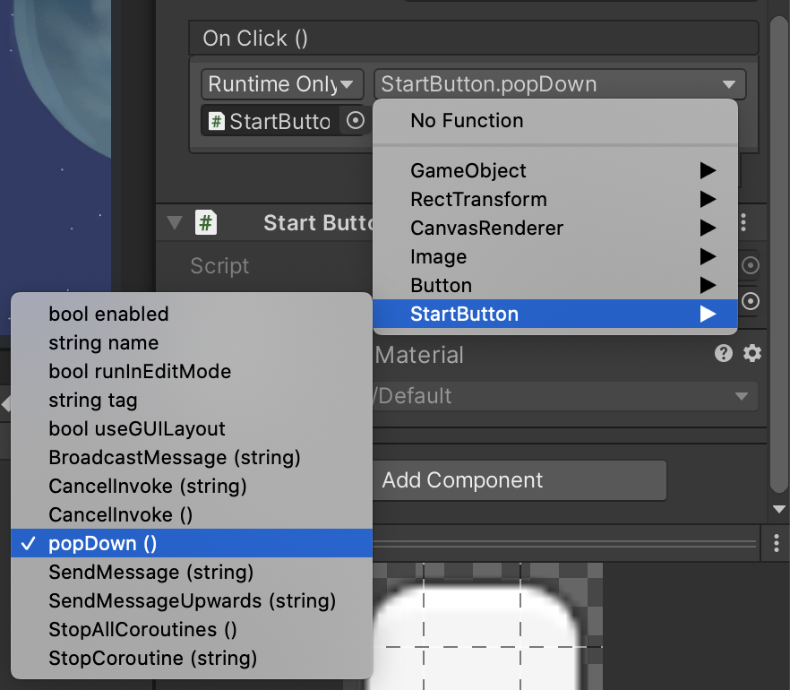 Selecionando a função popDown() para ativar quando StartButton é clicado
