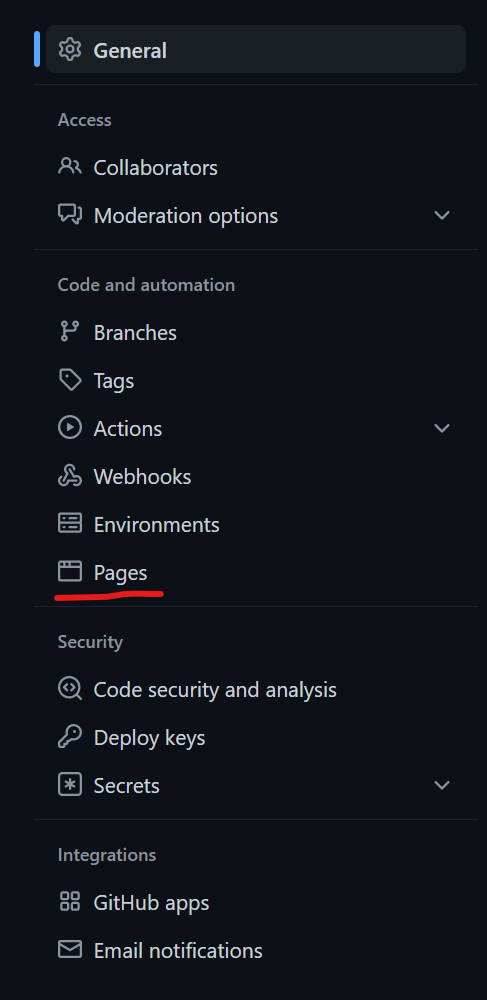 seção de páginas do github na página