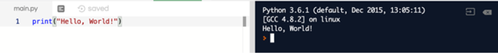 Screenshot of Trinket showing print(“Hello World”) in the main.py file and the result in the console on the right