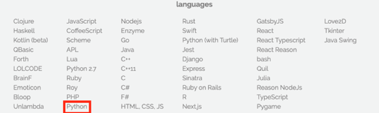 List of languages to select in Repl.it