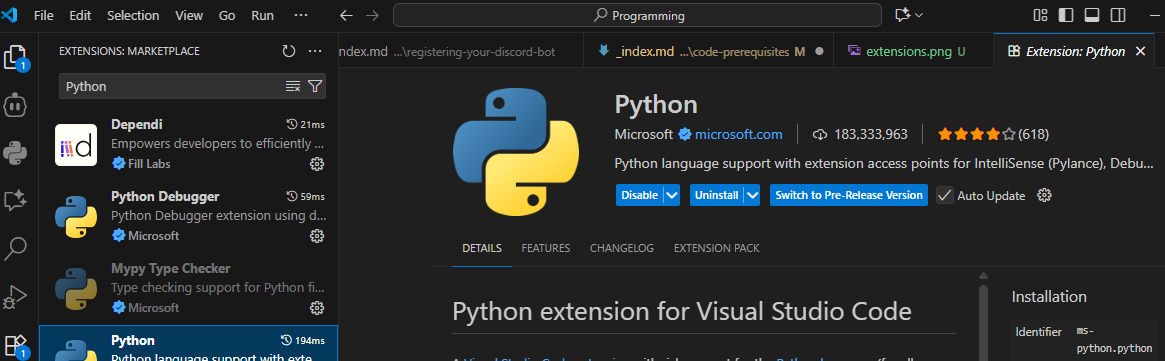 Python VSCode extension page
