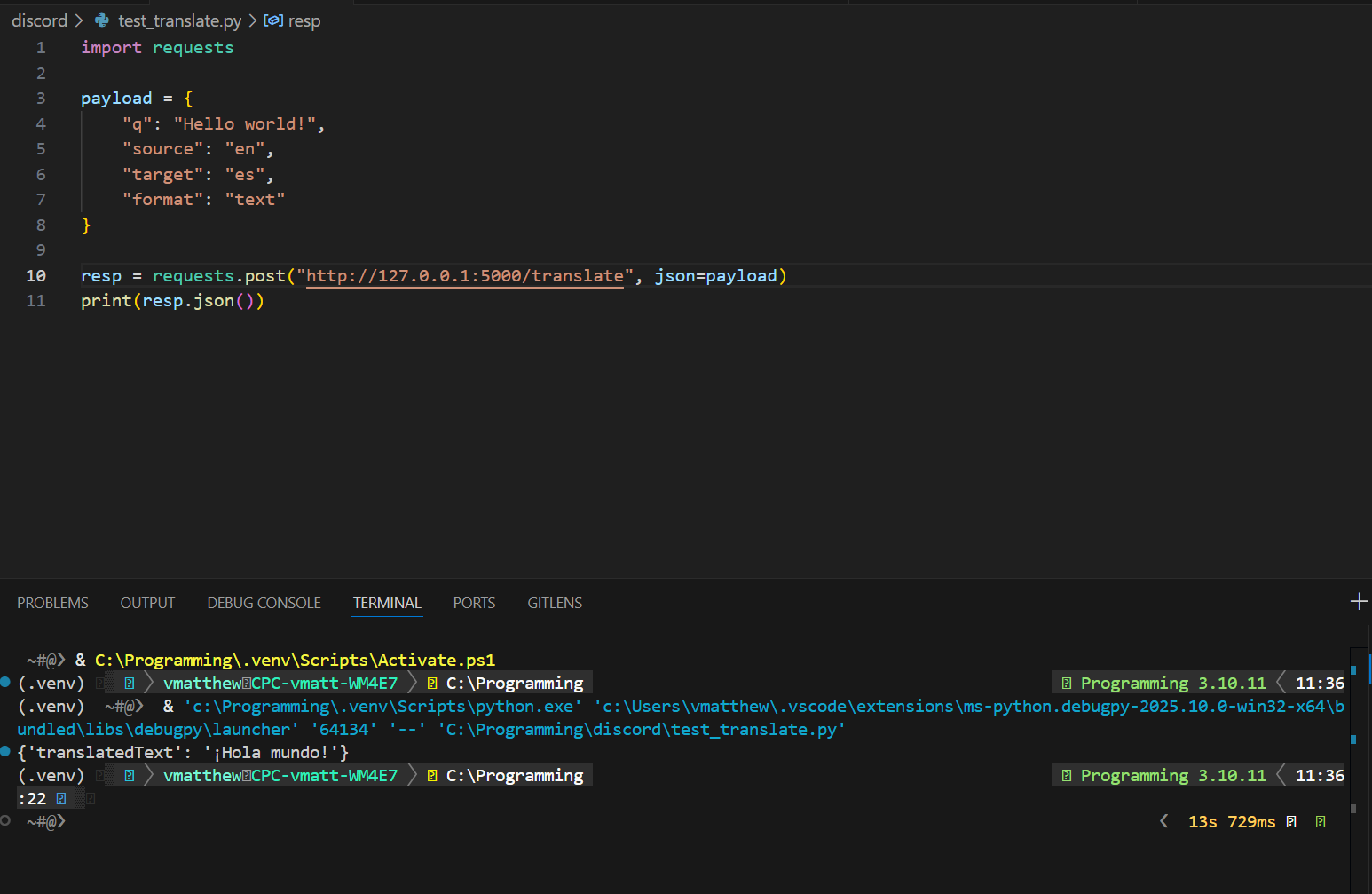 Output in terminal