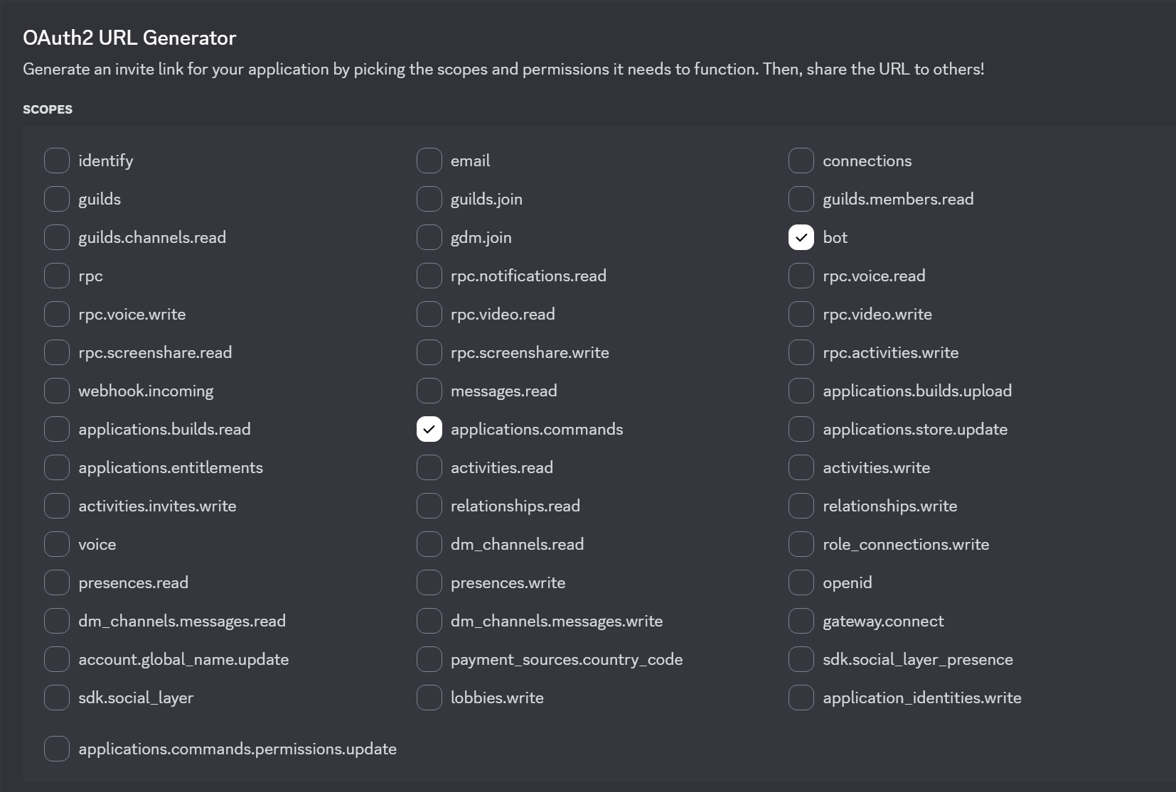 Invite bot with correct scopes