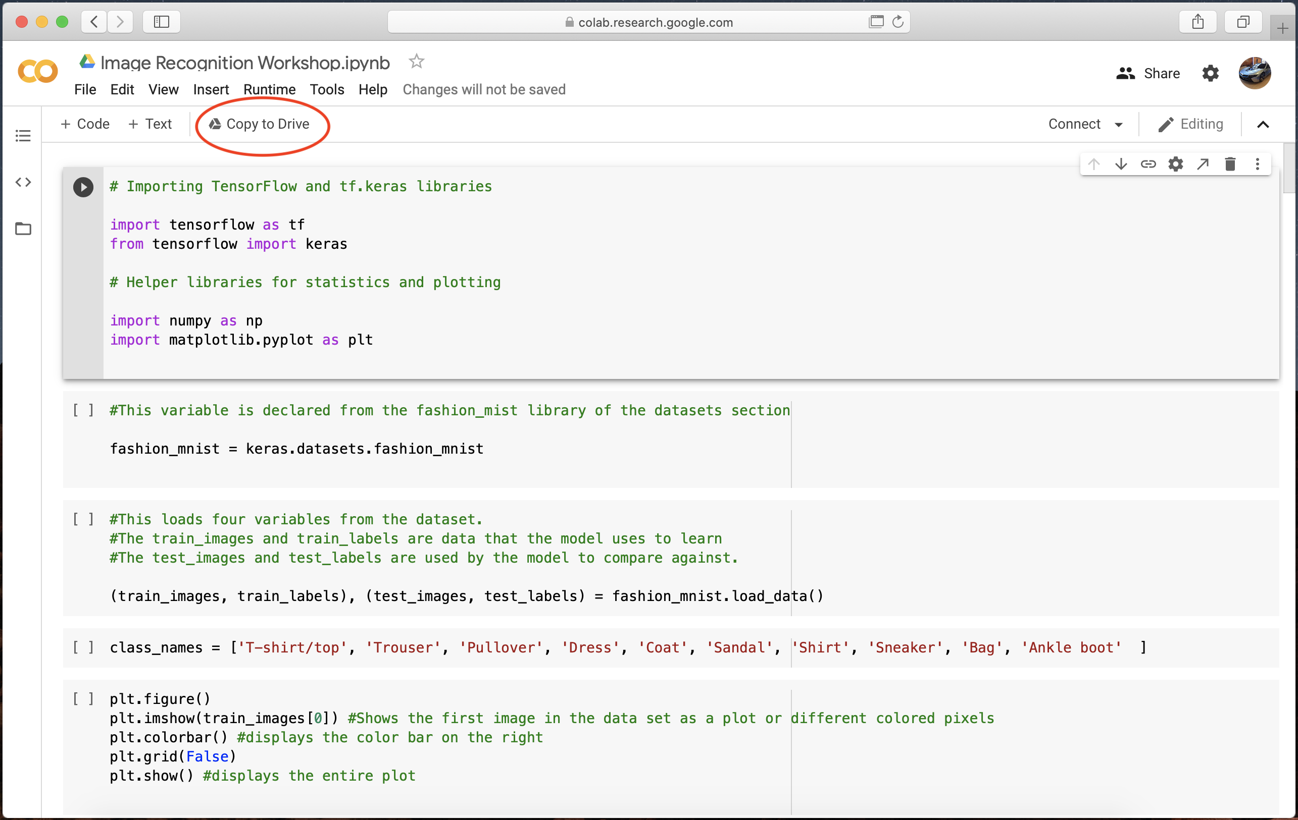Screenshot of Google Colab Notebook with “Copy to Drive button selection highighted”