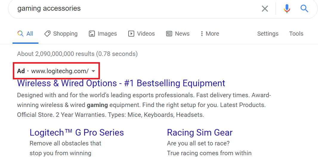 An example of search engine Ad