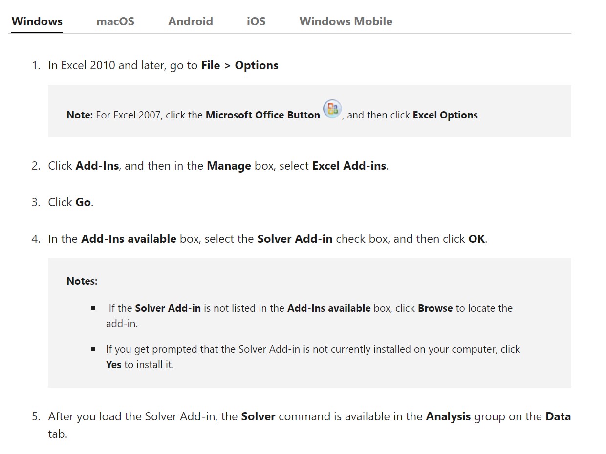 Screenshot of steps to download Excel solver